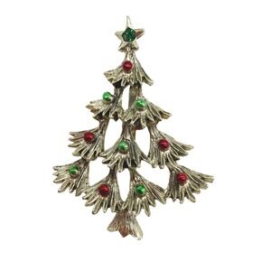 Vintage Gerry's Christmas Tree Brooch Gold Tone Red Green Rhinestone Pin